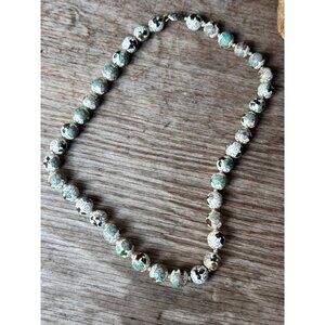 Vintage Cloisonne Enamel Floral Bead Necklace 24' White Multicolor Knotted Asian